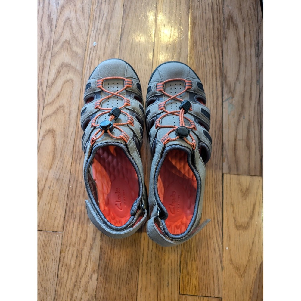 CLARKS Gray Tan Hiking Sandal Mesh Leather ankle strap womens 6.5
